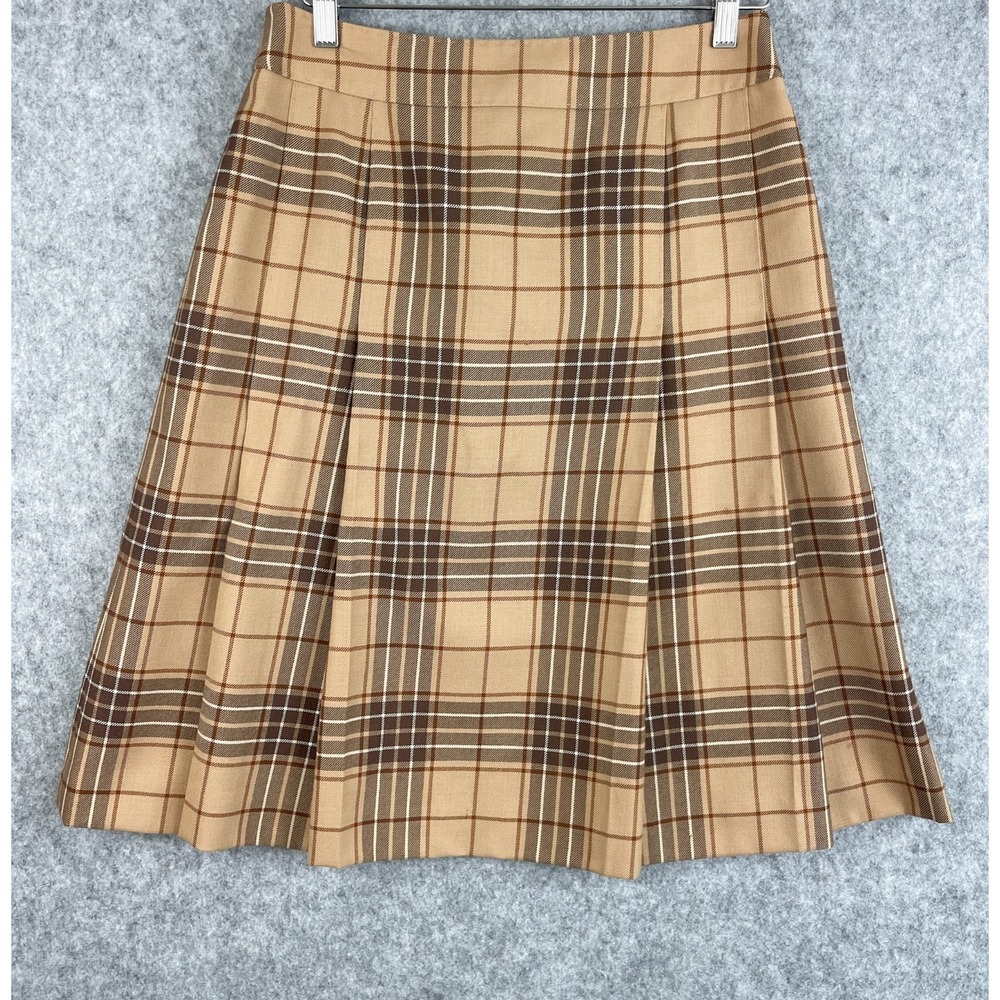 Brooks Brothers 346 Wool Pleated Skirt Womens 8 Tan Plaid Preppy Academia